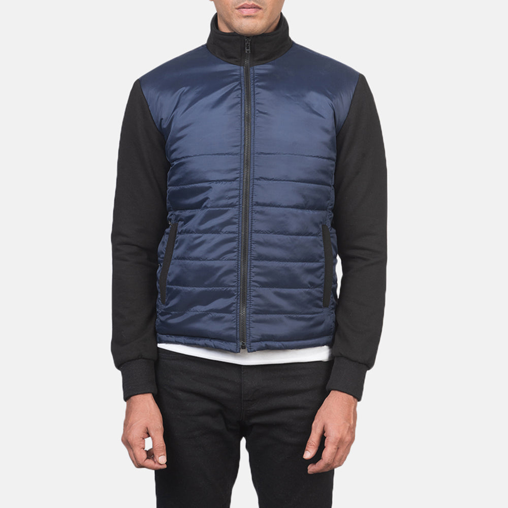 
클로즈업 상세 of High Neck & Zipper with wind flap Hardware on Nashville 퀼팅 블루 Windbreaker 가죽 자켓 남성용