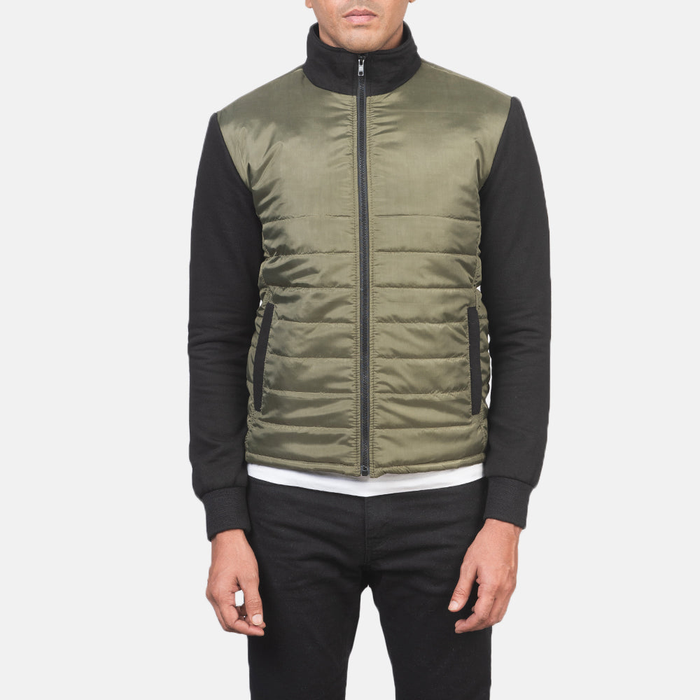 
클로즈업 상세 of High Neck & Zipper with wind flap Hardware on Nashville 퀼팅 그린 Windbreaker 가죽 자켓 남성용