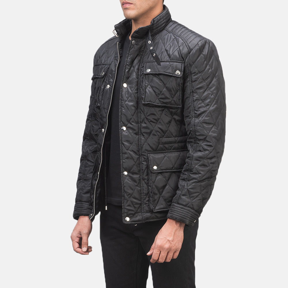 Black Polyester Winter Jacket - 어깨 라인과 깔끔한 밑단이 돋보이는 뒷면 뷰
