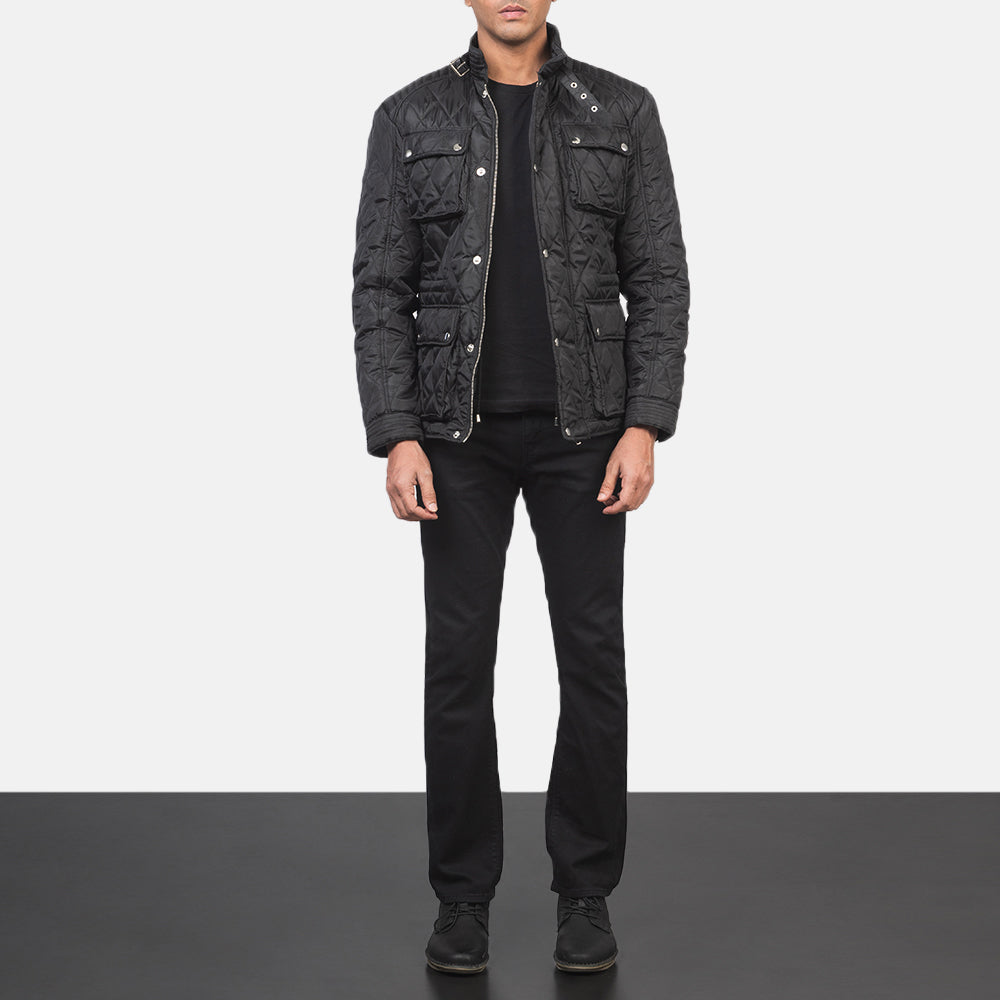 Nelson Quilted Black Windbreaker Jacket - 입체 소매 커팅과 슬림 테이퍼드 핏을 보여주는 측면 뷰