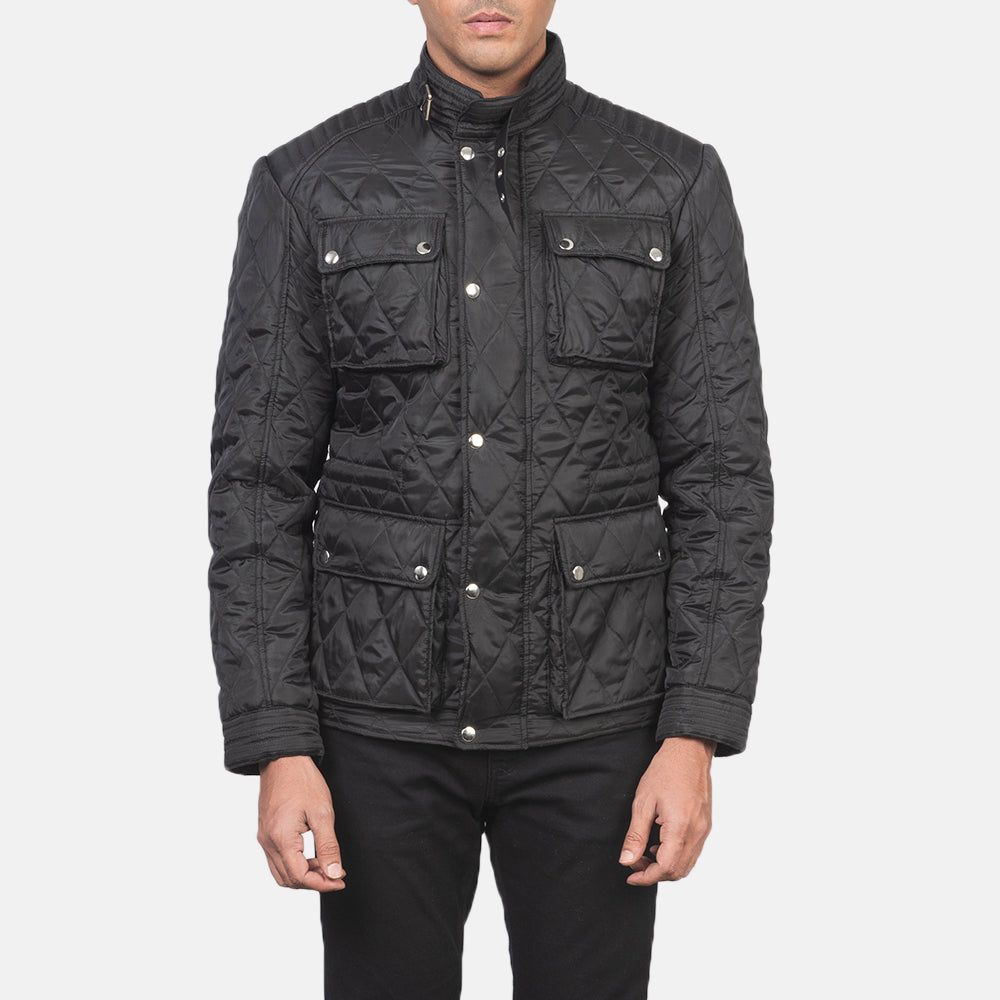 클로즈업 상세 of Belted Band & Zipper with Front Button Flap Hardware on Nelson Quilted Black Windbreaker Jacket