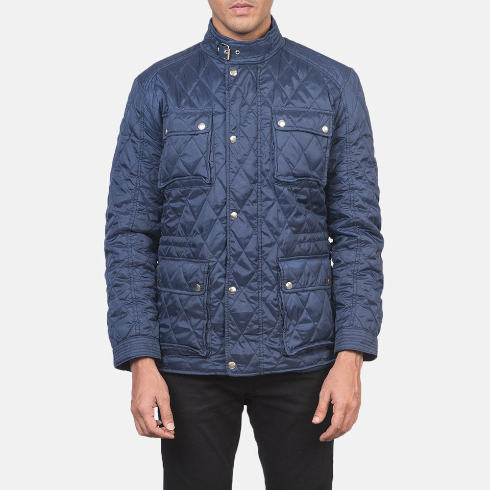 Men's Nelson 퀼팅 블루 Windbreaker 가죽 자켓 남성용 - Lateral Side Profile View Showing Sleeve Cut &amp; Athletic Taper Fit
