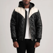 
Norman Tan Hooded Bomber Leather Puffer Jacket in Tan Brown Sheepskin Leather - 정면 스타일 및 테일러드 실루엣 | 공식 온라인 스토어 구매