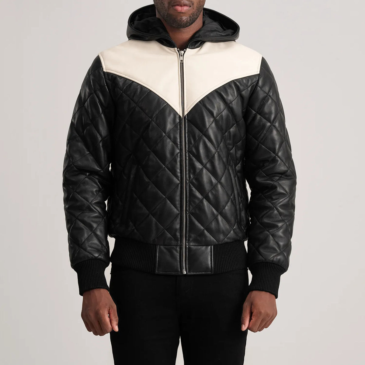 
클로즈업 상세 of Hooded & Zipper Hardware on Norman Tan Hooded Bomber Leather Puffer Jacket