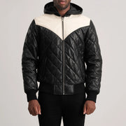 
클로즈업 상세 of Hooded & Zipper Hardware on Norman Tan Hooded Bomber Leather Puffer Jacket
