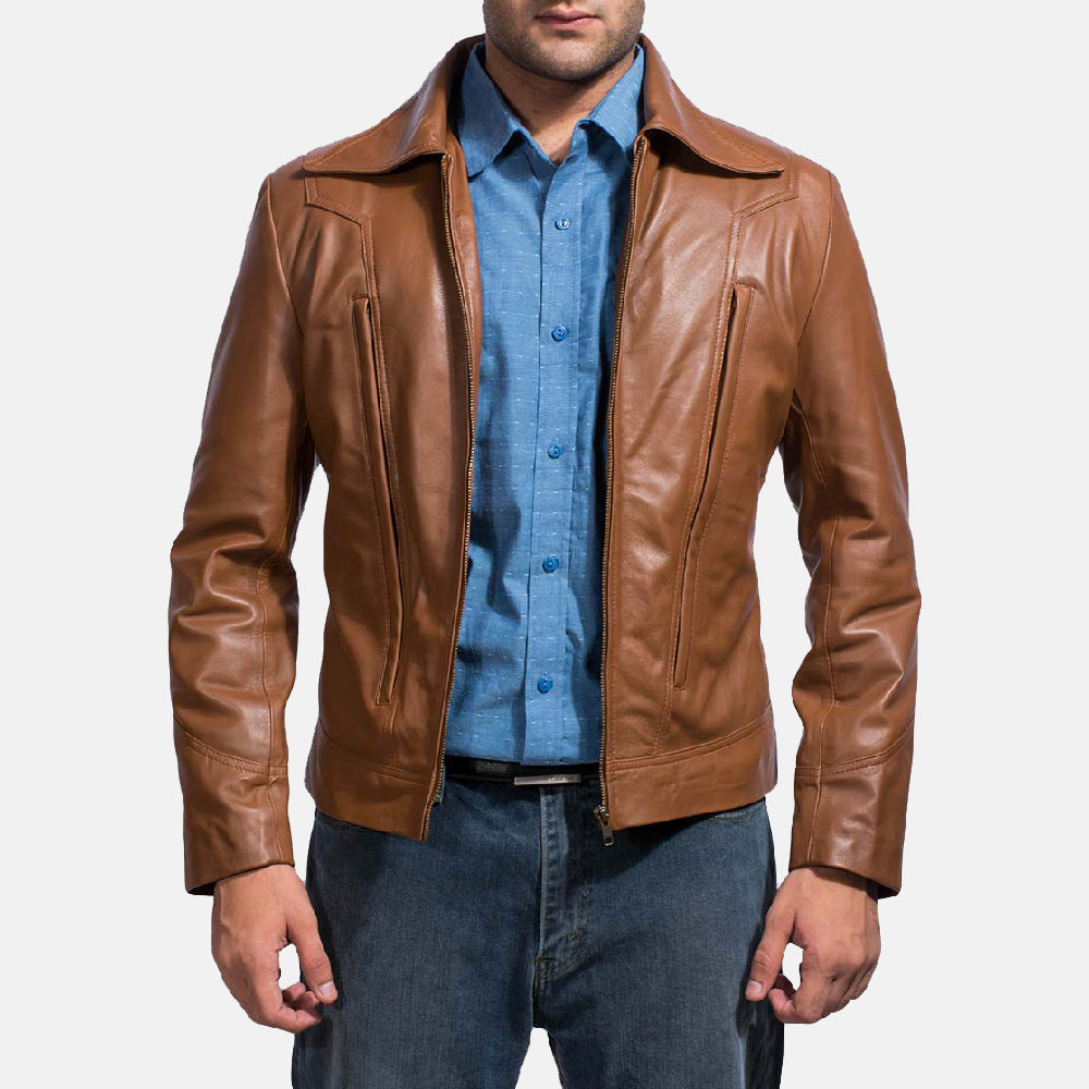 Old School 브라운 가죽 자켓 남성용 in Brown Sheepskin Leather - Front Profile View &amp; Tailored Silhouette | Buy Online