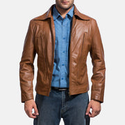 Old School 브라운 가죽 자켓 남성용 in Brown Sheepskin Leather - Front Profile View &amp; Tailored Silhouette | Buy Online