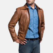 Old School 브라운 가죽 자켓 남성용 - Lateral Side Profile View Showing Sleeve Cut &amp; Athletic Taper Fit