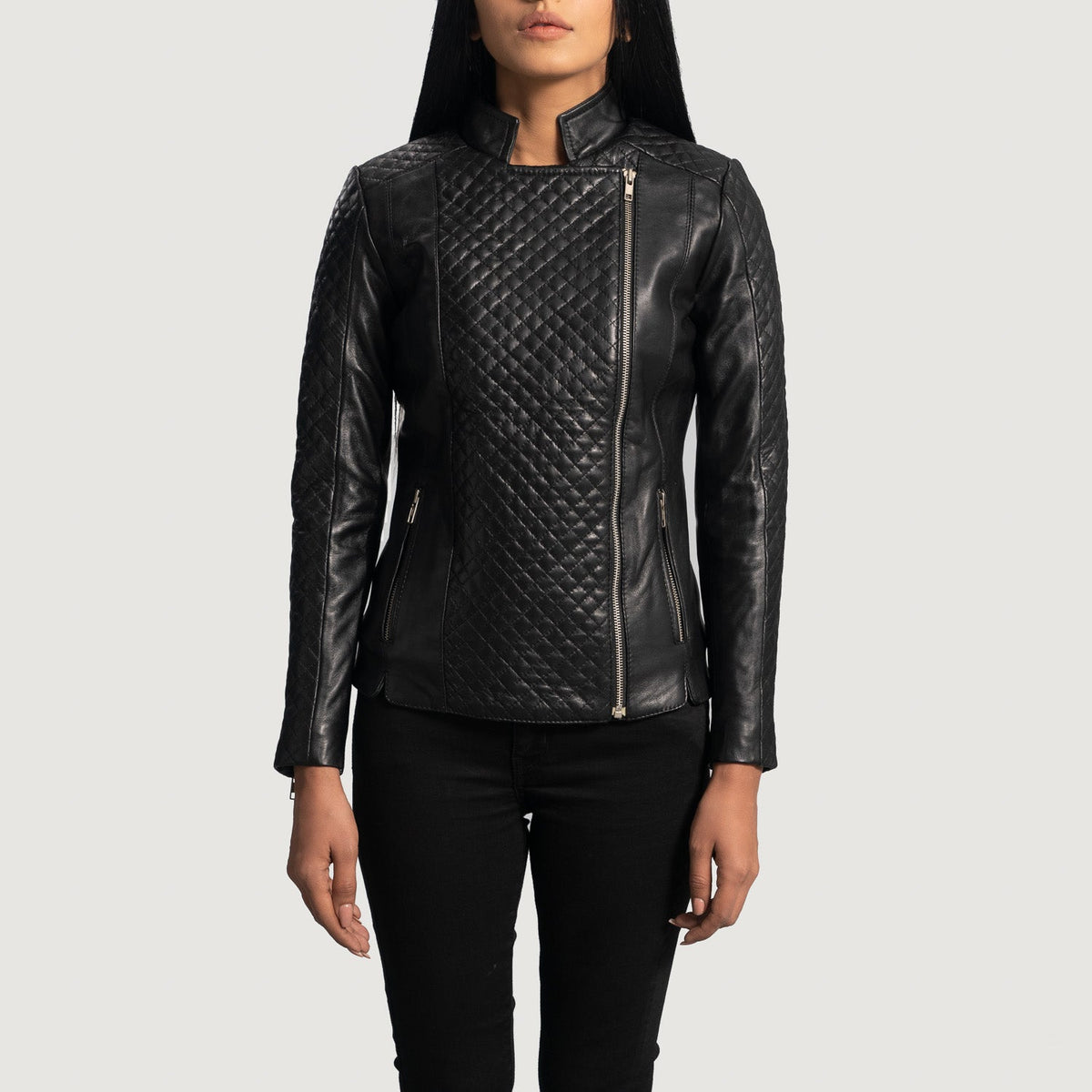 Women's Orient Grain Quilted 블랙 가죽 라이더 자켓 여성용 in Black Sheepskin Leather - Front Profile View &amp; Tailored Silhouette | Buy Online