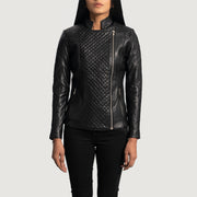 Women's Orient Grain Quilted 블랙 가죽 라이더 자켓 여성용 in Black Sheepskin Leather - Front Profile View &amp; Tailored Silhouette | Buy Online