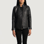 Women's Orient Grain Quilted 블랙 가죽 라이더 자켓 여성용 - Lateral Side Profile View Showing Sleeve Cut &amp; Athletic Taper Fit