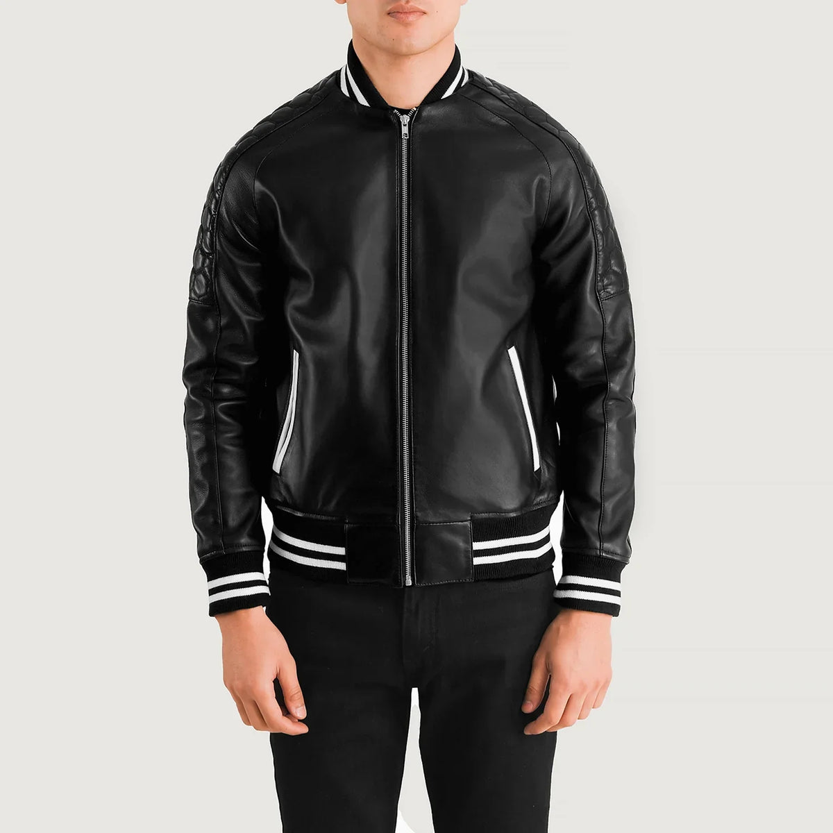 Pascal 블랙 Leather Varsity 가죽 자켓 남성용 in Black Sheepskin Leather - Front Profile View &amp; Tailored Silhouette | Buy Online