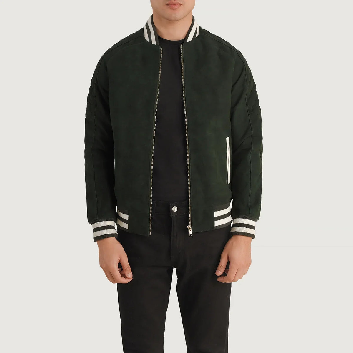 Pascal Green Suede Varsity 가죽 자켓 남성용 in Green Goatskin Suede - Front Profile View &amp; Tailored Silhouette | Buy Online