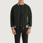 Pascal Green Suede Varsity 가죽 자켓 남성용 in Green Goatskin Suede - Front Profile View &amp; Tailored Silhouette | Buy Online