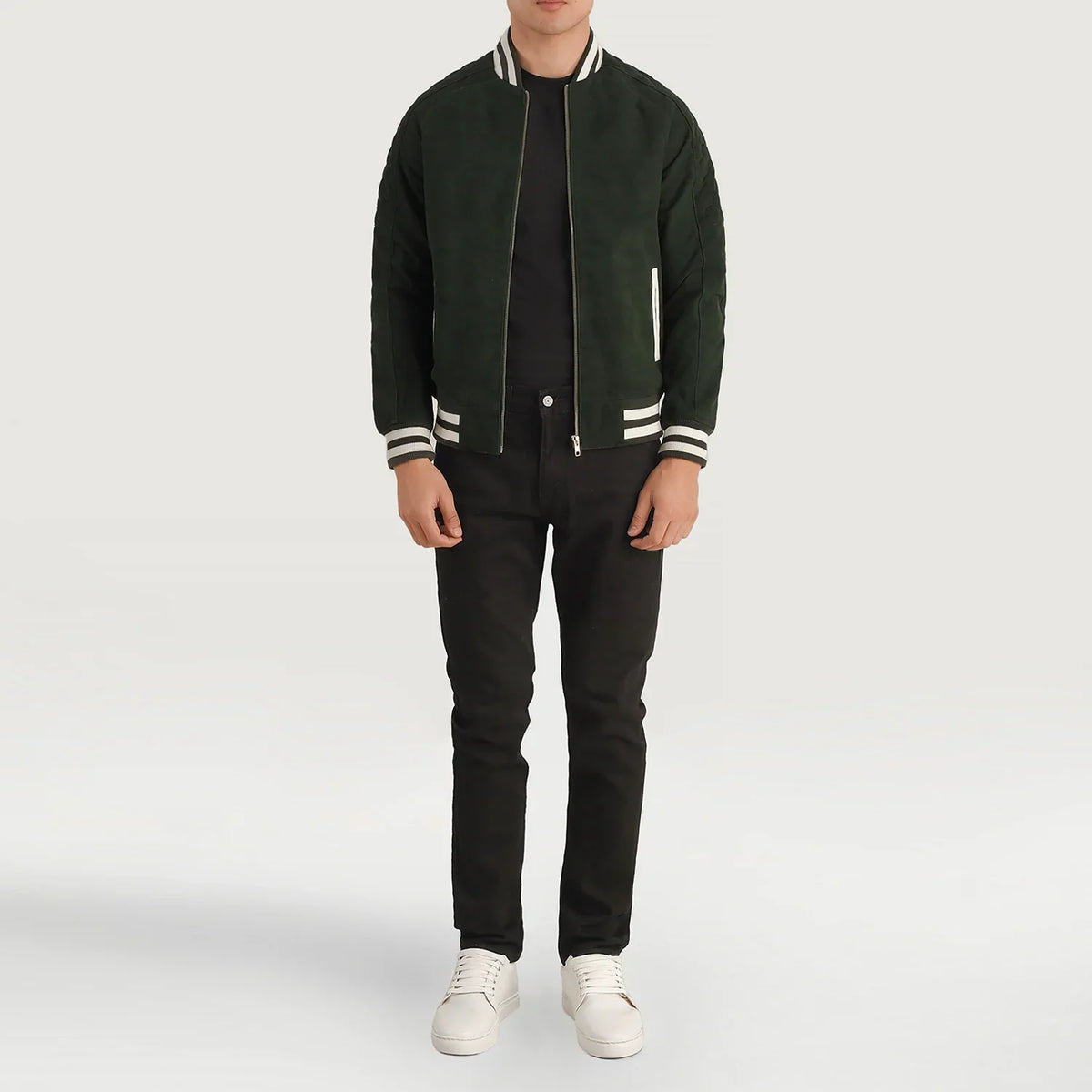Pascal Green Suede Varsity 가죽 자켓 남성용 - Lateral Side Profile View Showing Sleeve Cut &amp; Athletic Taper Fit