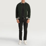 Pascal Green Suede Varsity 가죽 자켓 남성용 - Lateral Side Profile View Showing Sleeve Cut &amp; Athletic Taper Fit
