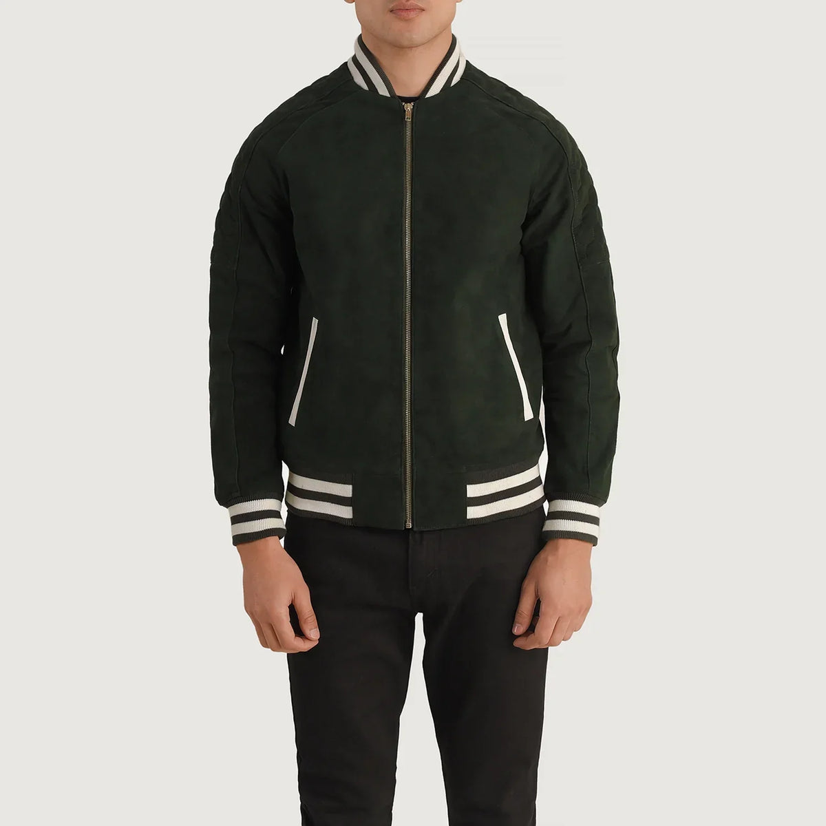Close-Up Detail of Varsity collar &amp; Zipper Hardware on Pascal Green Suede Varsity 가죽 자켓 남성용