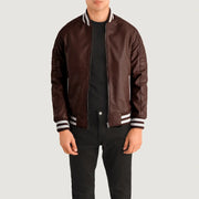 Pascal Maroon Leather Varsity 가죽 자켓 남성용 in Maroon Sheepskin Leather - Front Profile View &amp; Tailored Silhouette | Buy Online