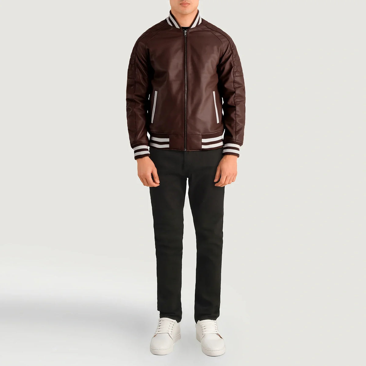 Pascal Maroon Leather Varsity 가죽 자켓 남성용 - Lateral Side Profile View Showing Sleeve Cut &amp; Athletic Taper Fit