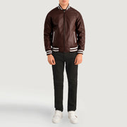 Pascal Maroon Leather Varsity 가죽 자켓 남성용 - Lateral Side Profile View Showing Sleeve Cut &amp; Athletic Taper Fit