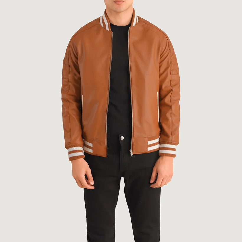 Pascal 탠 브라운 Leather Varsity 가죽 자켓 남성용