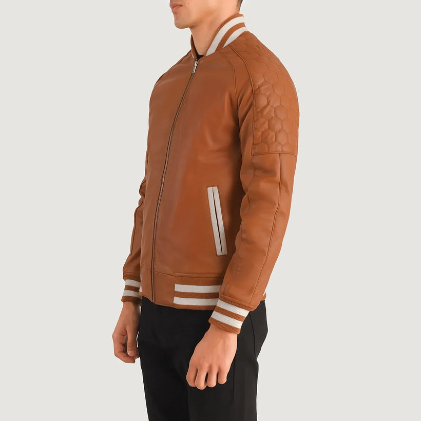 Pascal 탠 브라운 Leather Varsity 가죽 자켓 남성용