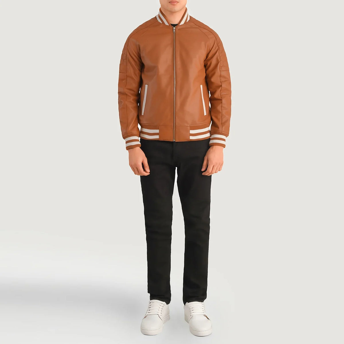 Pascal 탠 브라운 Leather Varsity 가죽 자켓 남성용 - Lateral Side Profile View Showing Sleeve Cut &amp; Athletic Taper Fit