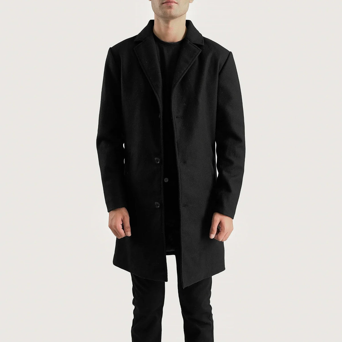 Petrillo 블랙 Wool Single Breasted 가죽 롱 코트 남성용 in Black Synthetic Wool - Front Profile View &amp; Tailored Silhouette | Buy Online