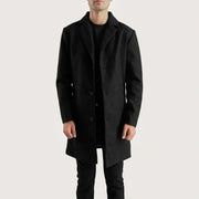 Petrillo 블랙 Wool Single Breasted 가죽 롱 코트 남성용 in Black Synthetic Wool - Front Profile View &amp; Tailored Silhouette | Buy Online