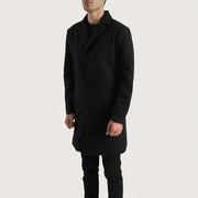 Black Synthetic Wool Trench Coat - Back View Showing Tailored Shoulder Fit &amp; Clean Hemline