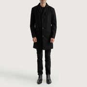 Petrillo 블랙 Wool Single Breasted 가죽 롱 코트 남성용 - Lateral Side Profile View Showing Sleeve Cut &amp; Athletic Taper Fit