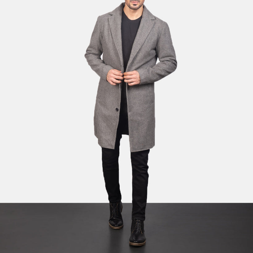 Petrillo Grey Wool Single Breasted 가죽 코트 남성용