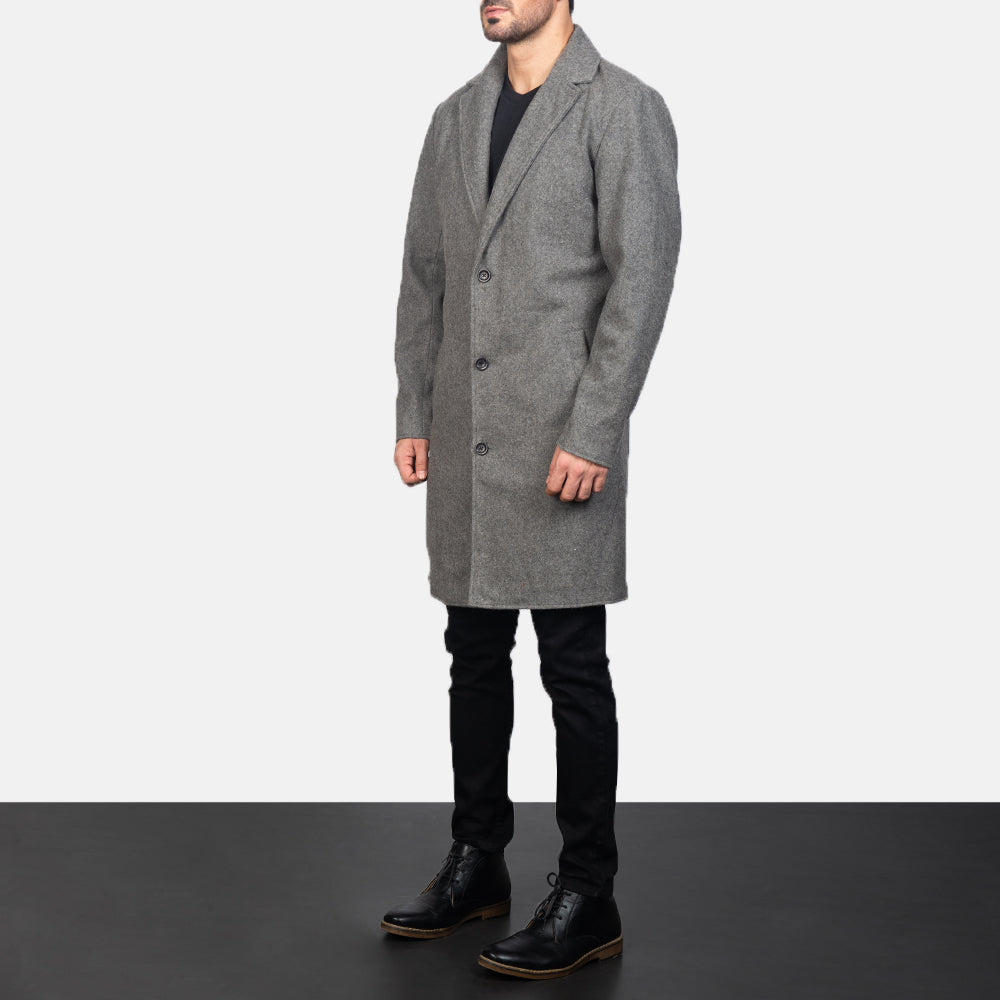 
Grey Synthetic Wool Trench Coat - 어깨 라인과 깔끔한 밑단이 돋보이는 뒷면 뷰
