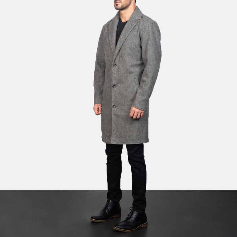 Petrillo Grey Wool Single Breasted 가죽 코트 남성용