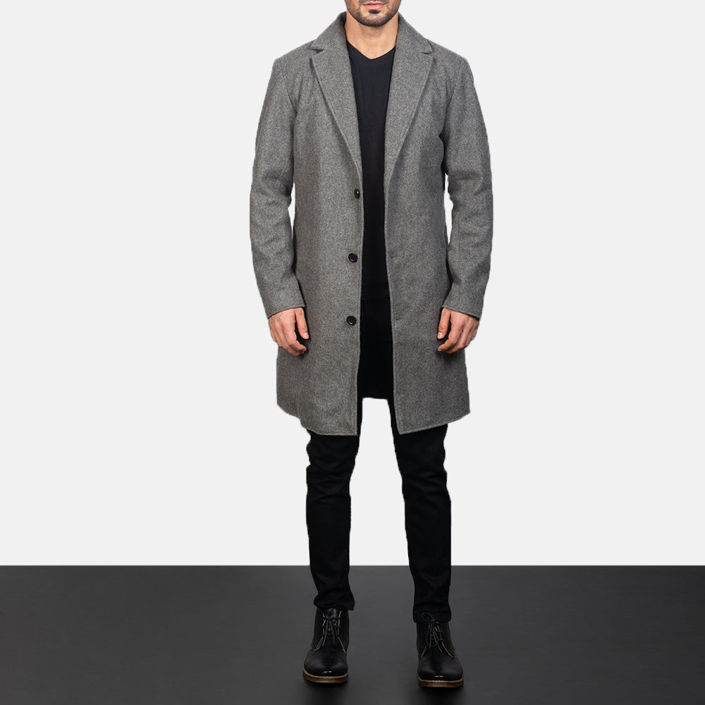 
클로즈업 상세 of Notch & Button Hardware on Petrillo Grey Wool Single Breasted 가죽 코트 남성용