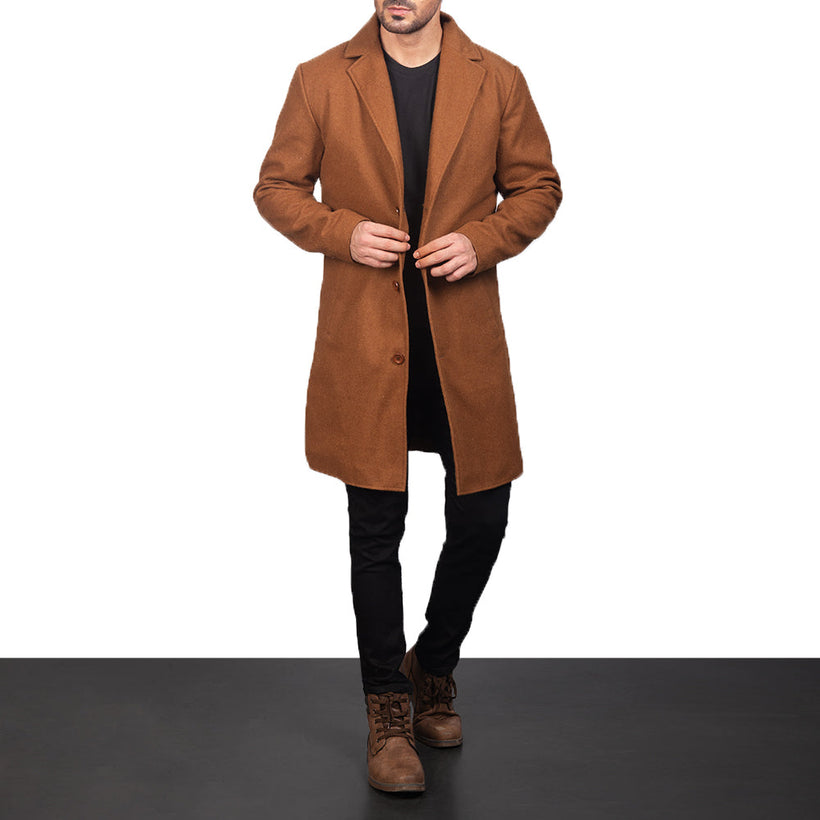 Petrillo Khaki Wool Single Breasted 가죽 코트 남성용