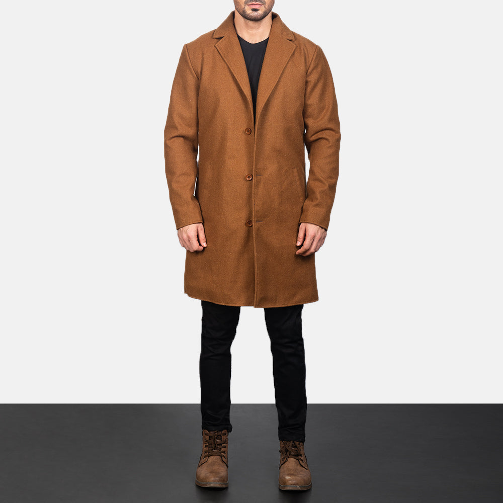 
클로즈업 상세 of Notch & Button Hardware on Petrillo Khaki Wool Single Breasted 가죽 코트 남성용