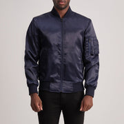 Quinton MA-1 Blue 가죽 봄버 자켓 남성용 in Blue Satin - Front Profile View &amp; Tailored Silhouette | Buy Online