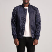 Quinton MA-1 Blue 가죽 봄버 자켓 남성용 - Lateral Side Profile View Showing Sleeve Cut &amp; Athletic Taper Fit