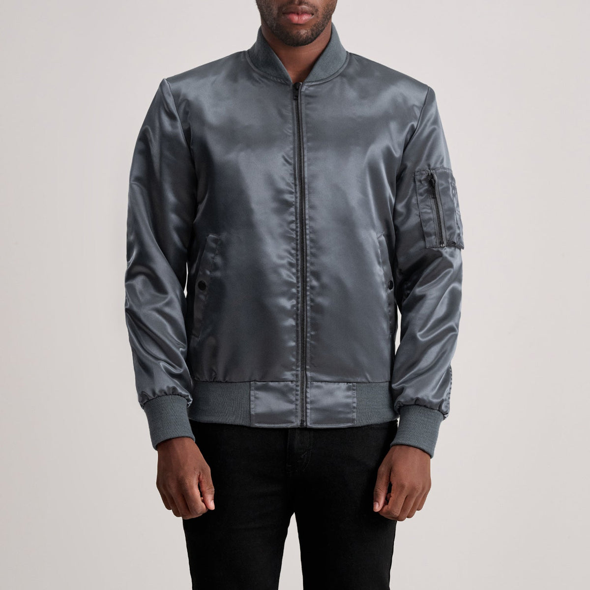 Quinton MA-1 Grey 가죽 봄버 자켓 남성용 in Grey Satin - Front Profile View &amp; Tailored Silhouette | Buy Online