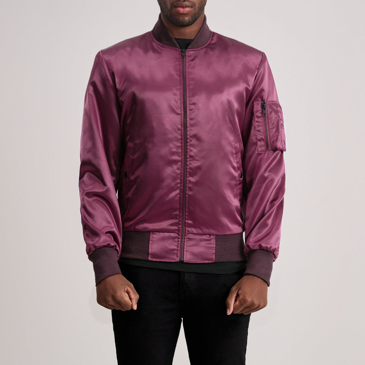 Quinton MA-1 Maroon 가죽 봄버 자켓 남성용 in Maroon Satin - Front Profile View &amp; Tailored Silhouette | Buy Online