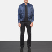 Men's Ramon Blue 가죽 봄버 자켓 남성용 - Lateral Side Profile View Showing Sleeve Cut &amp; Athletic Taper Fit