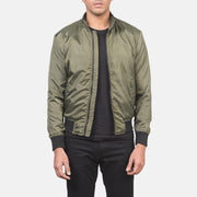 Men's Ramon Green 가죽 봄버 자켓 남성용 in Green Nylon - Front Profile View &amp; Tailored Silhouette | Buy Online