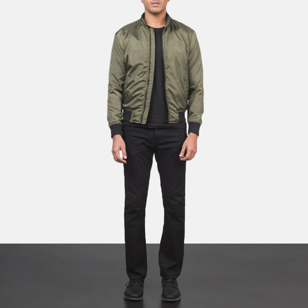Men's Ramon Green 가죽 봄버 자켓 남성용 - Lateral Side Profile View Showing Sleeve Cut &amp; Athletic Taper Fit