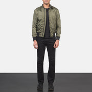 Men's Ramon Green 가죽 봄버 자켓 남성용 - Lateral Side Profile View Showing Sleeve Cut &amp; Athletic Taper Fit