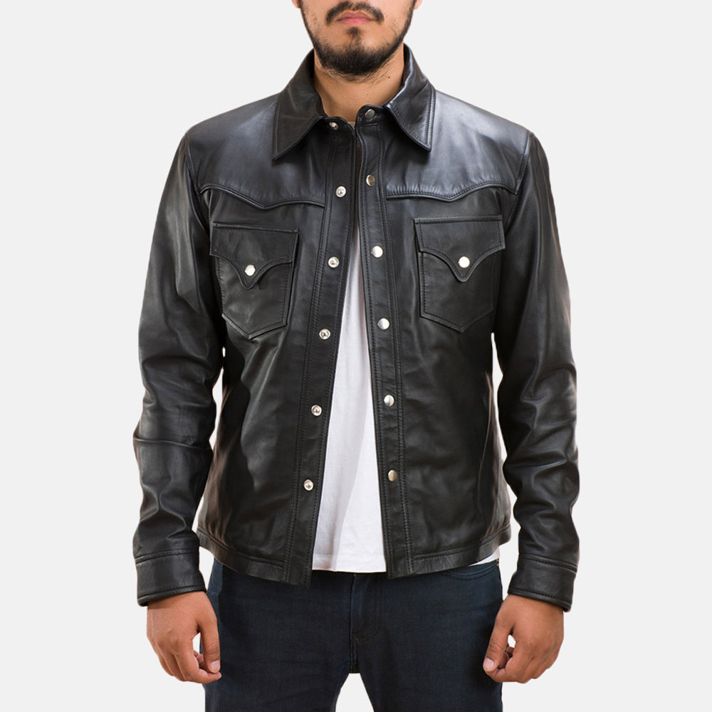 Men's Ranchson 블랙 Leather Shirt 남성용 in Black Sheepskin Leather - Front Profile View &amp; Tailored Silhouette | Buy Online