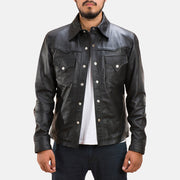 Men's Ranchson 블랙 Leather Shirt 남성용 in Black Sheepskin Leather - Front Profile View &amp; Tailored Silhouette | Buy Online