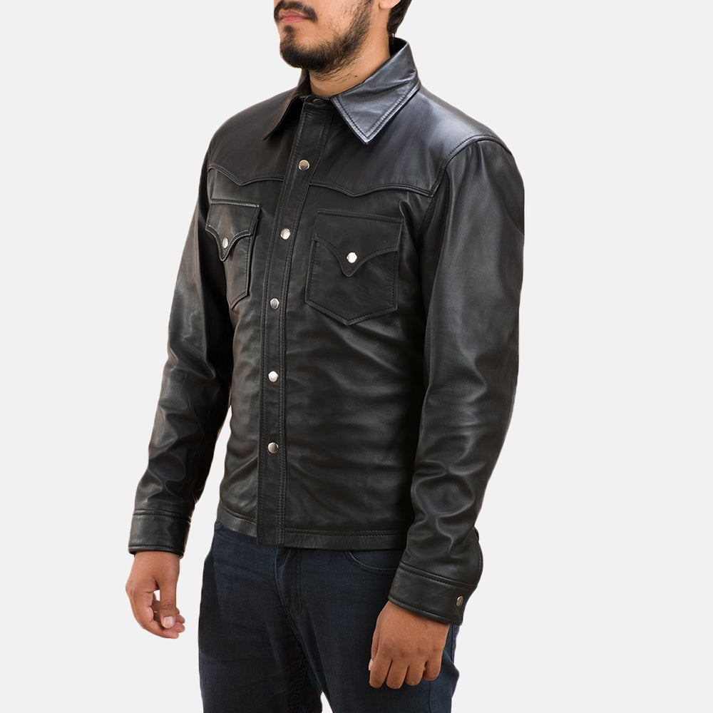 Men's Ranchson 블랙 Leather Shirt 남성용 - Lateral Side Profile View Showing Sleeve Cut &amp; Athletic Taper Fit