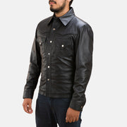 Men's Ranchson 블랙 Leather Shirt 남성용 - Lateral Side Profile View Showing Sleeve Cut &amp; Athletic Taper Fit