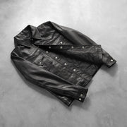 Button &amp; Hem Craftsmanship Construction Detail on Men's Ranchson 블랙 Leather Shirt 남성용